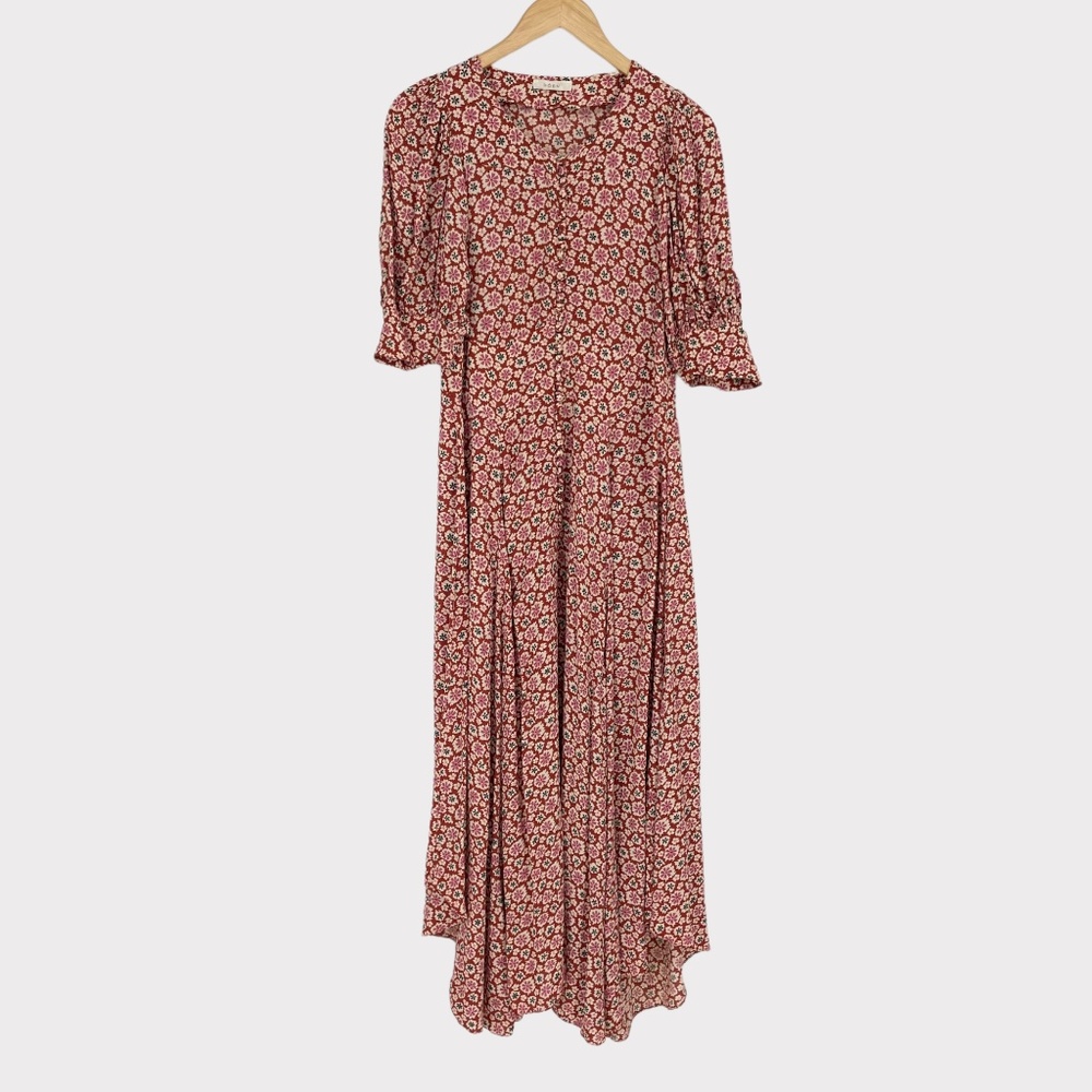 DOEN Laurel Asymmetrical Maxi Dress in Cardinal Cherry Willow